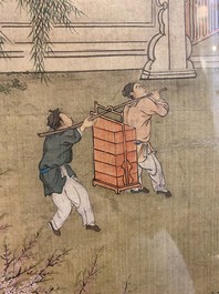 Chinese school, 18/19th C., ink and colour on silk: 'landscape with figures near a pagoda'