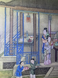 Chinese school, 18/19th C., ink and colour on silk: 'landscape with figures near a pagoda'