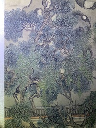 Chinese school, 18/19th C., ink and colour on silk: 'landscape with figures near a pagoda'