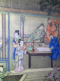 Chinese school, 18/19th C., ink and colour on silk: 'landscape with figures near a pagoda'