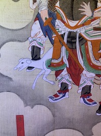 Ecole chinoise, encre et couleurs sur papier, Qing: 'Guerriers et saints en ciel'