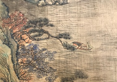 Chinese school, after Qiu Ying (c.1494-1551/52), ink and colour on silk: 'mountainous landscape', inscribed and dated 1545