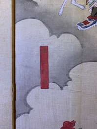 Ecole chinoise, encre et couleurs sur papier, Qing: 'Guerriers et saints en ciel'