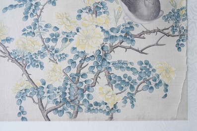 Chinese school, 19th C., ink and colour on silk: 'birds on blossoming branches'