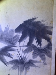 Chinese school, signed Su Liupeng (1791-1862), ink and colour on paper: 'Two scholars near a rock'