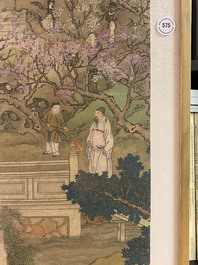 Chinese school, 18/19th C., ink and colour on silk: 'landscape with figures near a pagoda'
