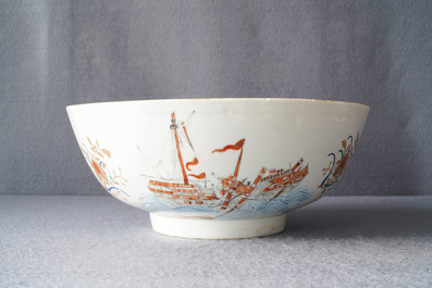 A rare Chinese verte-Imari bowl with a wrecked threemaster, Qianlong