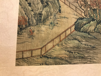 Chinese school, after Qiu Ying (c.1494-1551/52), ink and colour on silk: 'mountainous landscape', inscribed and dated 1545