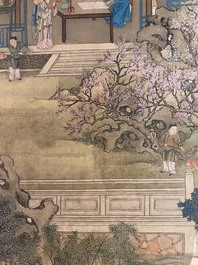 Chinese school, 18/19th C., ink and colour on silk: 'landscape with figures near a pagoda'