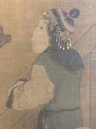 Chinese school, after Su Hanchen (1094-1172), ink and colour on silk: a lady and children near a fish bowl