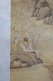 Chinese school, signed Hua Yan (1682-1756), ink and colour on paper: 'Scholars in a mountain forest'