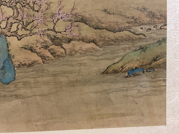 Chinese school, 18/19th C., ink and colour on silk: 'landscape with figures near a pagoda'