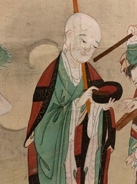 Ecole chinoise, encre et couleurs sur papier, Qing: 'Guerriers et saints en ciel'