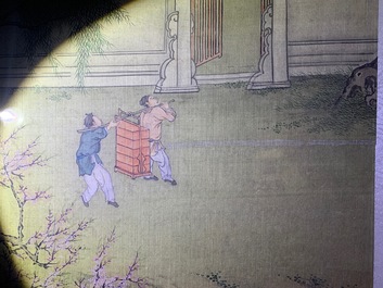 Chinese school, 18/19th C., ink and colour on silk: 'landscape with figures near a pagoda'