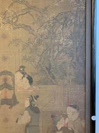 Chinese school, after Su Hanchen (1094-1172), ink and colour on silk: a lady and children near a fish bowl