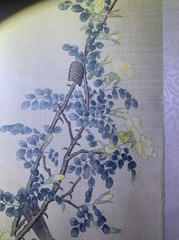 Chinese school, 19th C., ink and colour on silk: 'birds on blossoming branches'