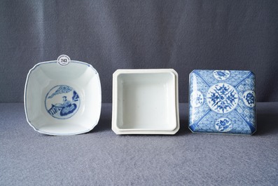 A Chinese blue and white square box and cover and a bowl, Chenghua mark, Kangxi