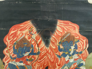 Ecole chinoise, encre et couleurs sur papier, Qing: 'Les guardiens du Bouddhisme'