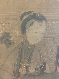 Chinese school, after Su Hanchen (1094-1172), ink and colour on silk: a lady and children near a fish bowl