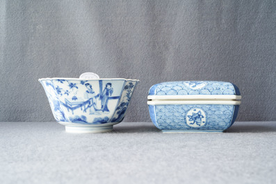 A Chinese blue and white square box and cover and a bowl, Chenghua mark, Kangxi