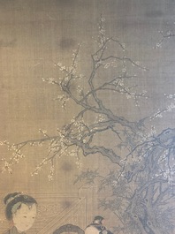 Chinese school, after Su Hanchen (1094-1172), ink and colour on silk: a lady and children near a fish bowl