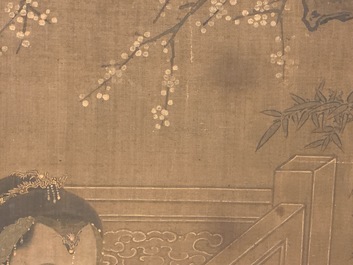 Chinese school, after Su Hanchen (1094-1172), ink and colour on silk: a lady and children near a fish bowl