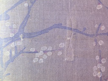 Chinese school, after Su Hanchen (1094-1172), ink and colour on silk: a lady and children near a fish bowl