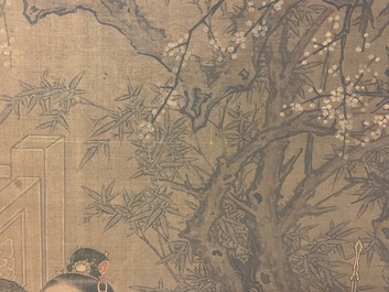 Chinese school, after Su Hanchen (1094-1172), ink and colour on silk: a lady and children near a fish bowl