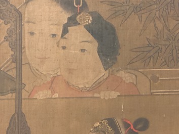 Chinese school, after Su Hanchen (1094-1172), ink and colour on silk: a lady and children near a fish bowl