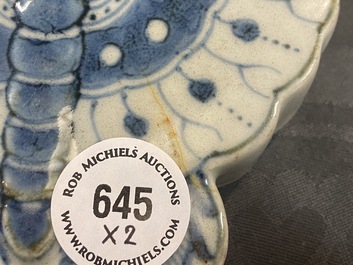 A Chinese blue and white butterfly wall pocket vase and an inkwell, Kangxi/Qianlong