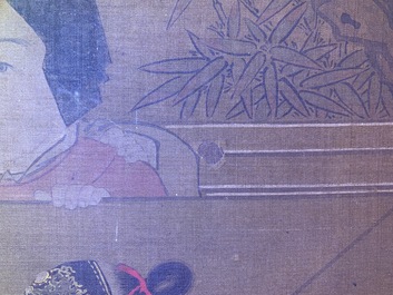 Chinese school, after Su Hanchen (1094-1172), ink and colour on silk: a lady and children near a fish bowl