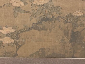 Chinese school, after Su Hanchen (1094-1172), ink and colour on silk: a lady and children near a fish bowl