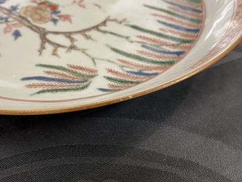 Five Chinese famille verte and doucai plates, Kangxi