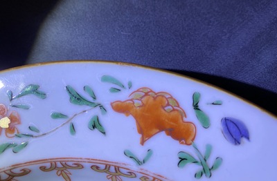 Five Chinese famille verte and doucai plates, Kangxi