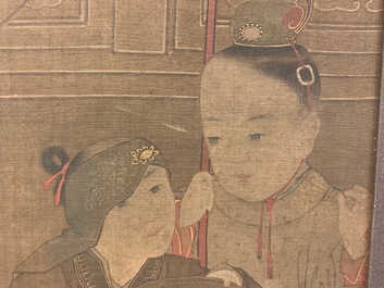 Chinese school, after Su Hanchen (1094-1172), ink and colour on silk: a lady and children near a fish bowl