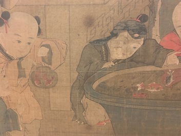 Chinese school, after Su Hanchen (1094-1172), ink and colour on silk: a lady and children near a fish bowl