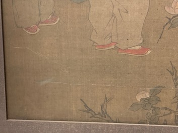 Chinese school, after Su Hanchen (1094-1172), ink and colour on silk: a lady and children near a fish bowl