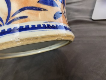 A Chinese blue and white clobbered 'qilin and phoenix' vase and cover, 19th C.