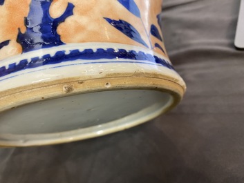 A Chinese blue and white clobbered 'qilin and phoenix' vase and cover, 19th C.