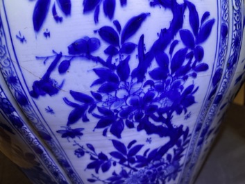 A large Chinese blue and white baluster jar with wooden cover and stand, kangxi