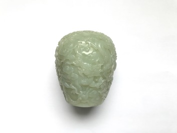 A Chinese celadon jade 'dragon' finial for a stupa, 19/20th C.