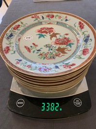 Ten Chinese famille rose 'peony' plates, Qianlong
