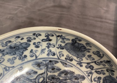 Two Chinese blue and white dishes with a carp and with deer, Hongzhi