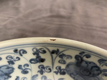 Two Chinese blue and white dishes with a carp and with deer, Hongzhi