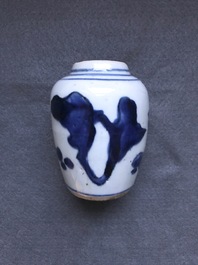 Three Chinese blue and white vases, a brush washer and a stem cup, Ming and later