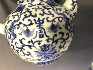 A Chinese blue and white 'bats and shou' jug, 19th C.