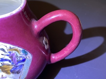 A Chinese famille rose ruby-ground teapot, three cups and two saucers, Yongzheng