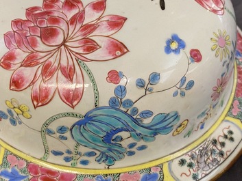 A large Chinese famille rose vase and cover with a bird on blossoming branches, Yongzheng