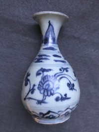 Three Chinese blue and white vases, a brush washer and a stem cup, Ming and later
