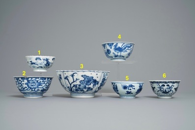 Six Chinese blue and white bowls, Kangxi